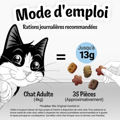 Mode d'emploi : rations journalières recommandées pour chat adulte (4 kg) jusqu'à 13 g, soit environ 35 pièces. Texte visible : Knabber Mix Original montré ici.