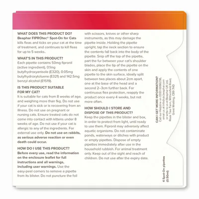 Product instructions and warnings for Beaphar FIPROtec Spot-On for Cats, including usage directions, ingredients, suitability, storage, disposal advice, and contact information.