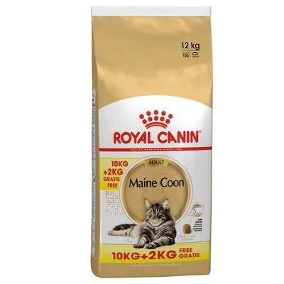 Zak Royal Canin Maine Coon Adult kattenvoer, 12 kg. Tekst: 10 kg + 2 kg gratis. Afbeelding van een Maine Coon kat op de verpakking.