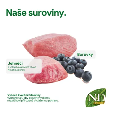 Ingredience: jehněčí maso z pastvin na Novém Zélandu a borůvky. Kvalitní proteiny pro vyváženou výživu zvířat. Značka: N&D Prime. Ingredience: jehněčí maso z pastvin na Novém Zélandu a borůvky. Kvalitní proteiny pro vyváženou výživu zvířat. Značka: N&D Prime.