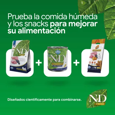 N&D Prime pienso, comida húmeda y Dental Treat. Desarrollado científicamente para combinar y ofrecer una mejor nutrición.