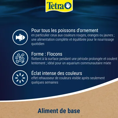 Tetra. Pour tous les poissons d’ornement, en particulier les espèces colorées ; aliment en flocons, flotte et coule lentement ; intensifie visiblement la couleur après quelques semaines. Tetra. Pour tous les poissons d’ornement, en particulier les espèces colorées ; aliment en flocons, flotte et coule lentement ; intensifie visiblement la couleur après quelques semaines.