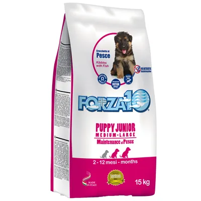 Sac Forza10 Puppy Junior Medium-Large, 15 kg, croquettes au poisson, pour chiots 2–12 mois. Texte visible : sans gluten, effet détox, sans antibiotiques, Made in Italy.