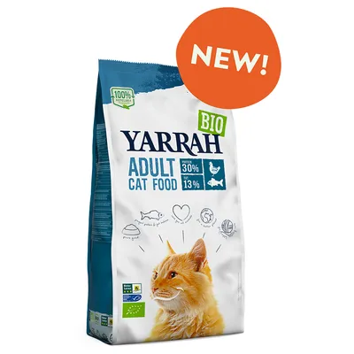 Yarrah BIO Adult Cat Food, proteiini 30 %, rasva 13 %, oranssi NEW!-merkki, kissan kuva, EU-luomumerkki, 100 % kierrätettävä pakkaus näkyvissä.