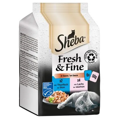 Sheba Fresh & Fine in Sauce, 6x50g. 2x met tonijn, 4x met zalm. 100% recyclebaar papier. MSC-keurmerk zichtbaar op verpakking.