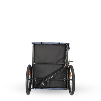 Black bicycle trailer with two wheels and sturdy metal frame construction, rear view.