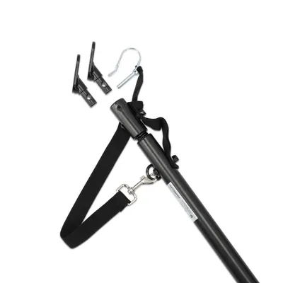 Black telescopic rod with fastening hook, two clips and adjustable strap. Accessory for secure installation.