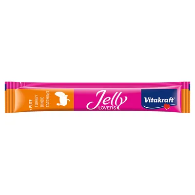 Vitakraft Jelly Lovers med kalkon. Förpackning i rosa och orange, text på tyska, engelska, franska och italienska.