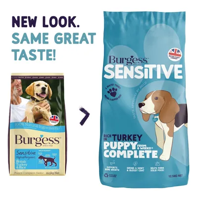 Comparison of old and new packaging for Burgess Sensitive Puppy Complete food, highlighting new look with same taste. Key features: rich in turkey, supports bone growth, glossy coat, solid stools.