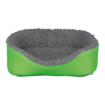Panier pour animal en tissu vert avec intérieur gris aspect polaire, bords surélevés et ouverture frontale basse. Aucun logo ou texte visible.