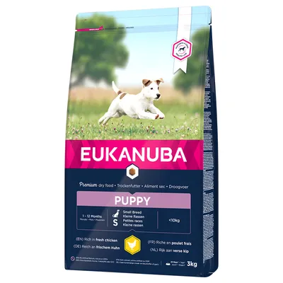 Eukanuba Puppy hrană uscată pentru rase mici, 1-12 luni, sub 10 kg, bogată în carne proaspătă de pui. Mărime pachet: 3 kg.