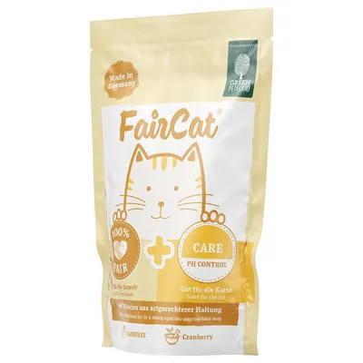 Opakowanie FairCat Care PH Control, Green Petfood, 100% fair, bez zbóż, cranberry, Made in Germany. Widoczny rysunek kota i napisy w języku niemieckim oraz angielskim.