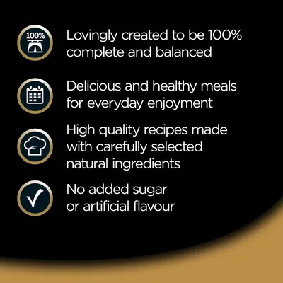 100% complete and balanced, delicious and healthy meals for everyday enjoyment, high quality recipes with natural ingredients, no added sugar or artificial flavour.