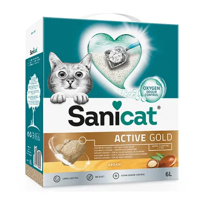 Sanicat Active Gold stelivo pro kočky, ultra hrudkující, přírodní barva písku, vůně arganu, 6 l. Vlastnosti: maximální hygiena, dlouhotrvající, bezprašné, extra kontrola zápachu.