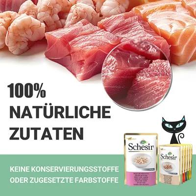 100% natürliche Zutaten. Keine Konservierungsstoffe oder zugesetzte Farbstoffe. Schesir Katzenfutter mit Huhn und Schinken, mehrere Packungen sichtbar.