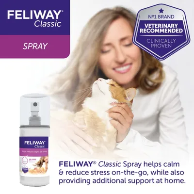 Feliway Classic Spray, veterinary recommended and clinically proven, helps calm and reduce stress on-the-go and provides additional support at home.