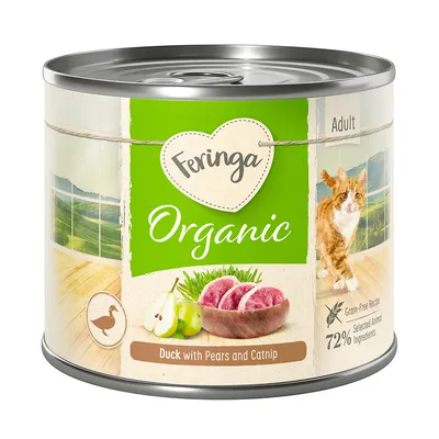 Feringa Organic Adult cat food, duck with pear and catnip, grain-free, 72% animal ingredients.