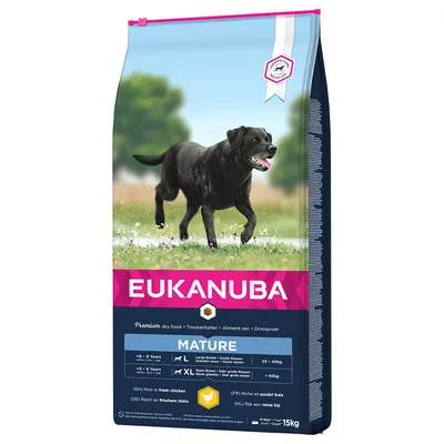 Eukanuba Mature Premium hrană uscată pentru rase mari și foarte mari, bogată în carne proaspătă de pui, 15kg. Grupe de vârstă: 6-9 ani (25-40kg), 6+ ani (>40kg).