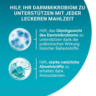 Hilf, Ihr Darmmikrobiom zu unterstützen mit jeder leckeren Mahlzeit. Gleichgewicht des Mikrobioms dank löslicher Ballaststoffe. Starke Abwehrkräfte durch Antioxidantien.