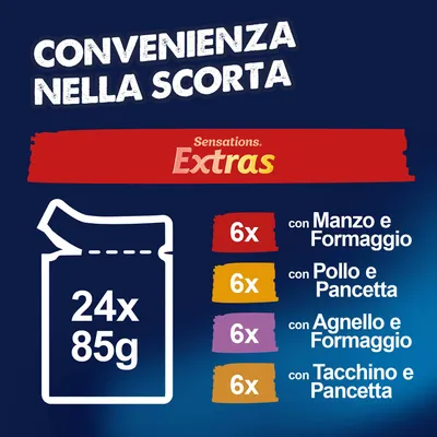 Felix Sensations Extras 24 x 85 g Pacco misto - Pollo, Agnello, Manzo, Tacchino Felix Sensations Extras 24 x 85 g Pacco misto - Pollo, Agnello, Manzo, Tacchino