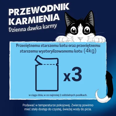 Zalecenia żywieniowe: 3 saszetki dziennie dla starszych lub wysterylizowanych kotów (4 kg), podzielone na co najmniej 2 posiłki. Zawsze zapewniaj świeżą wodę.
