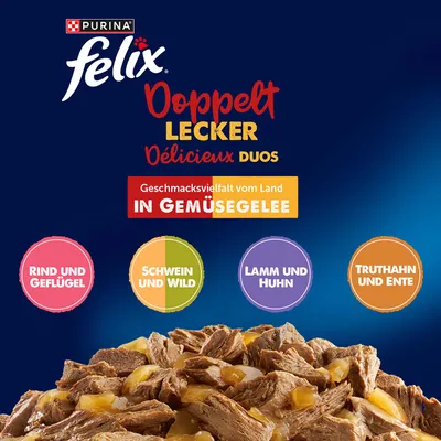 Felix "Doppelt lecker - So gut wie es aussieht" Katzen Nassfutter 24 x 85 g - Rind & Geflügel, Lamm & Huhn, Truthahn & Ente, Schwein & Wild mit Gemüse Felix "Doppelt lecker - So gut wie es aussieht" Katzen Nassfutter 24 x 85 g - Rind & Geflügel, Lamm & Huhn, Truthahn & Ente, Schwein & Wild mit Gemüse