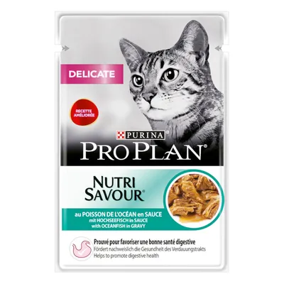 Purina Pro Plan Nutri Savour Delicate, au poisson de l'océan en sauce, macskás tasakos eledel csomagolása, Recette améliorée felirattal.
