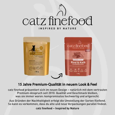 catz finefood Bœuf et Veau dans le nouveau et l'ancien design d'emballage. Remarque : la qualité reste inchangée, le passage au nouvel emballage s'effectue pour des raisons de durabilité. catz finefood Bœuf et Veau dans le nouveau et l'ancien design d'emballage. Remarque : la qualité reste inchangée, le passage au nouvel emballage s'effectue pour des raisons de durabilité.