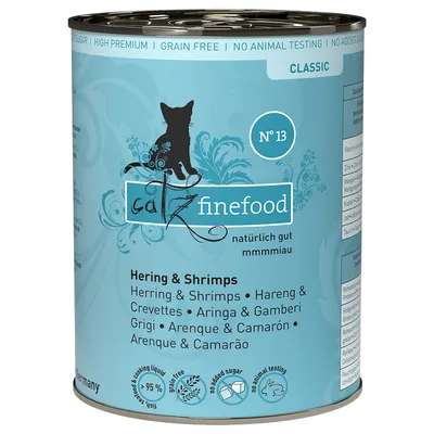 Konzerva catz finefood No 13 Classic, Hering & Shrimps. Text: grain free, no animal testing, no added sugar, 95 %. Nápisy v několika jazycích, silueta kočky na obalu.