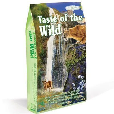 Balenie krmiva Taste of the Wild Rocky Mountain Feline Formula with Roasted Venison & Smoked Salmon, zobrazený názov a ilustrácia pumy pri vodopáde. Hmotnosť 6,8 kg.