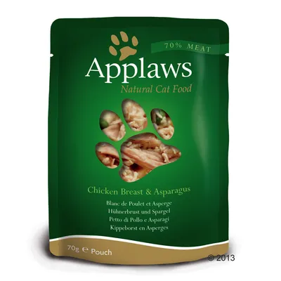 Applaws Natural Cat Food, 70 % Meat, Chicken Breast & Asparagus, 70 g. Tekst på engelsk, fransk, tysk, italiensk og hollandsk synlig på emballagen.