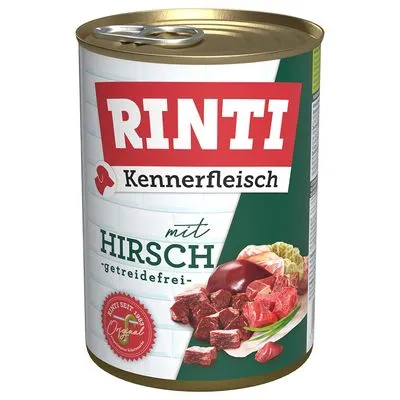 RINTI Kennerfleisch mit Hirsch, getreidefrei. Afbeelding van blokjes vlees en orgaanvlees op het etiket. Rood zegel: 'Seit 1987 Original'.