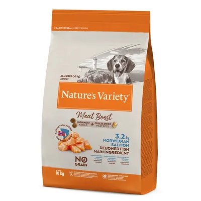 Sac de croquettes Nature’s Variety Meat Boost, saumon norvégien désossé 3,2 kg comme ingrédient principal, sans céréales, pour chiens adultes (+5 kg), poids net 10 kg. Texte en anglais.