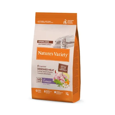 Nature's Variety kattmat för steriliserade vuxna, huvudingrediens urbenat kött, utan spannmål, med kalkon, 7 kg förpackning.