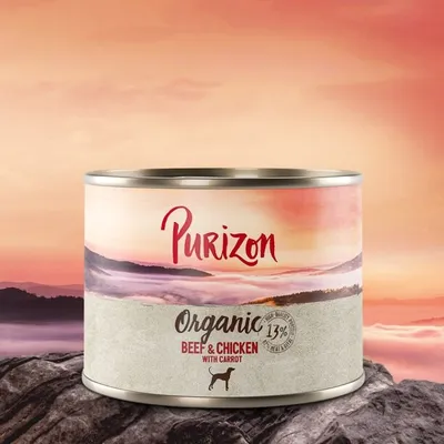 Purizon Organic Beef & Chicken mit Karotte, 13% hochwertiges Fleisch. Dose für Hunde vor Sonnenuntergang-Hintergrund.