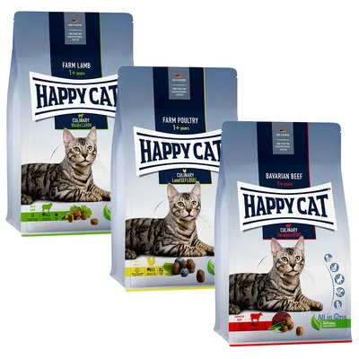 Happy Cat Trockenfutter für Katzen ab 1 Jahr. Sorten: Weidelamm, Landgeflügel, Voralpenrind. Made in Germany. All-in-One Konzept mit natürlichen Zutaten.