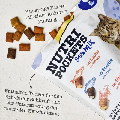 Nutri Pockets Sea Mix mit Lachs, Forelle und Shrimps. Knusprige Kissen mit leckerer Füllung. Enthalten Taurin für Sehkraft und Herzfunktion.