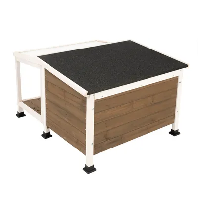 Niche rectangulaire en bois avec toit plat noir, cadre blanc et pieds surélevés noirs, sans marque visible ni texte.