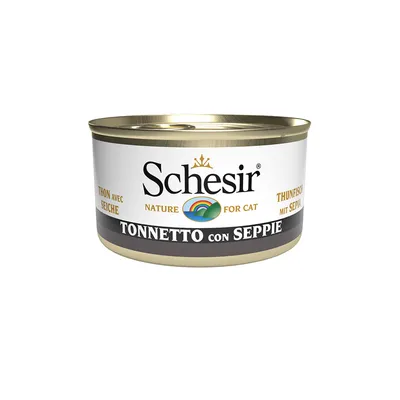 Schesir Thunfisch mit Sepia, Nature for Cat. Dose mit der Aufschrift 'Tonnetto con Seppie'.