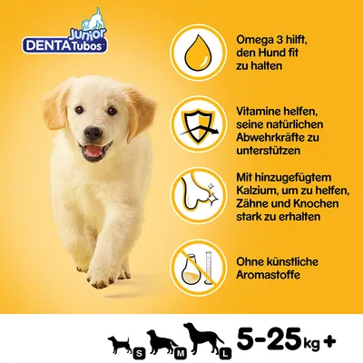 Junior DentaTubos, besedilo v nemščini: omega 3, vitamini, dodan kalcij, brez umetnih arom. Prikazano za pse velikosti S, M, L, teža 5–25 kg+.