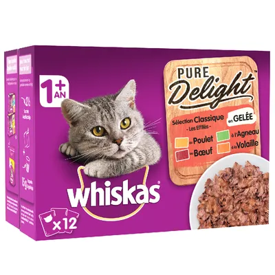 Whiskas Pure Delight Sélection Classique en gelée, 12× kapsiček, pro kočky od 1 roku. Příchutě: Poulet, Bœuf, Agneau, Volaille. Na obalu obrázek šedé kočky a misky s krmivem.