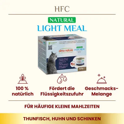 Almo Nature HFC Natural Light Meal, 4x50g. Zutaten: Thunfisch, Huhn und Schinken. 100% natürlich, fördert Flüssigkeitszufuhr, Geschmacks-Melange. Für häufige kleine Mahlzeiten.