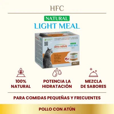 almo nature LIGHT MEAL HFC, pack de 4x50g pollo con atún. 100% natural, potencia la hidratación, mezcla de sabores. Para comidas pequeñas y frecuentes.