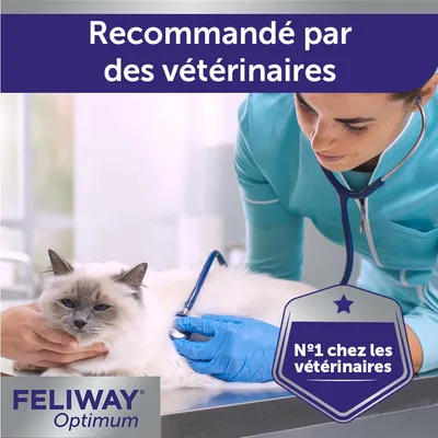 FELIWAY Optimum, texte visible : Recommandé par des vétérinaires, N°1 chez les vétérinaires. Chat examiné par un vétérinaire avec stéthoscope.