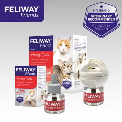 Feliway Friends diffuser and refill packs shown with text: Happy Cats, Constant harmony, helps reduce tension between cats at home. Veterinary recommended, clinically proven.