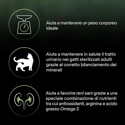 Aiuta a mantenere un peso corporeo ideale. Aiuta a mantenere in salute il tratto urinario nei gatti sterilizzati adulti. Aiuta a favorire reni sani grazie a nutrienti tra cui Omega 3.