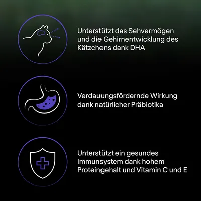 Texte en allemand : soutien de la vision et du cerveau grâce au DHA, effet digestif des prébiotiques naturels, soutien du système immunitaire avec protéines et vitamines C et E.