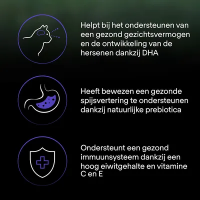 Helpt gezichtsvermogen en hersenontwikkeling dankzij DHA, ondersteunt spijsvertering met prebiotica, bevordert immuunsysteem door hoog eiwitgehalte en vitamine C en E.