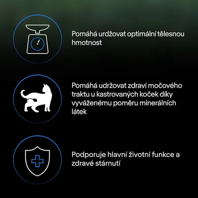 Pomáhá udržovat optimální tělesnou hmotnost, zdraví močového traktu u kastrovaných koček a podporuje hlavní životní funkce a zdravé stárnutí. Text v češtině.