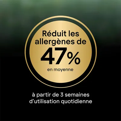 Réduit les allergènes de 47 % en moyenne à partir de 3 semaines d’utilisation quotidienne.